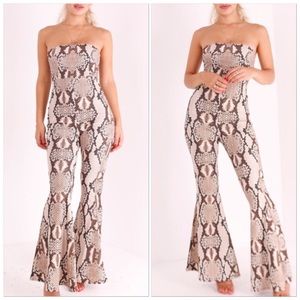 🆕Y2K Snakeskin One-piece Bell Bottom Strapless Tube-top Jumpsuit Romper Wideleg